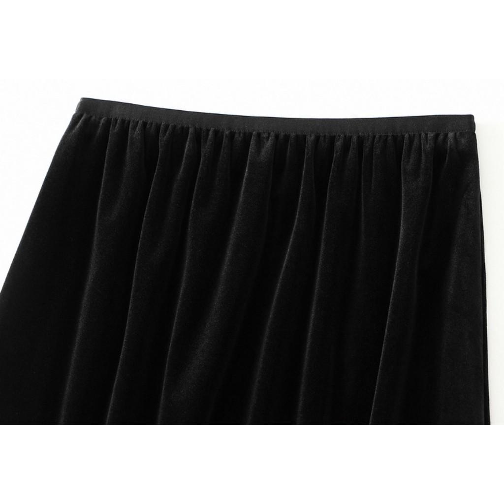 Qooth Women Velvet Split Splicing Skirt Mid Length Elastic Waist Casual Skirt QT2733
