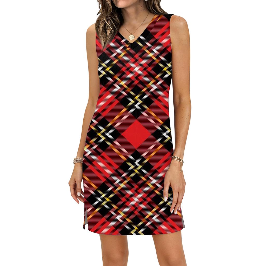 Women's Casual V-neck Sleeveless Split Hem Plaid Print Dress