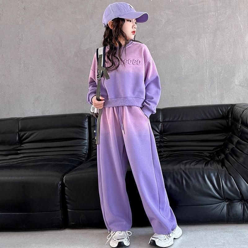 Lila Farbverlauf Hoodie und Jogginghose Set für Mädchen - Stylischer Frühjahrs-/Herbst-Freizeitanzug 2026