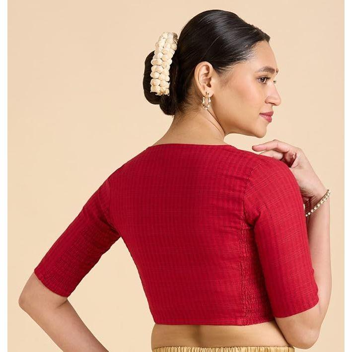 Blouse Saree à Carreaux Madras Manches Courtes en Coton pour Femme avec Côtés Extensibles