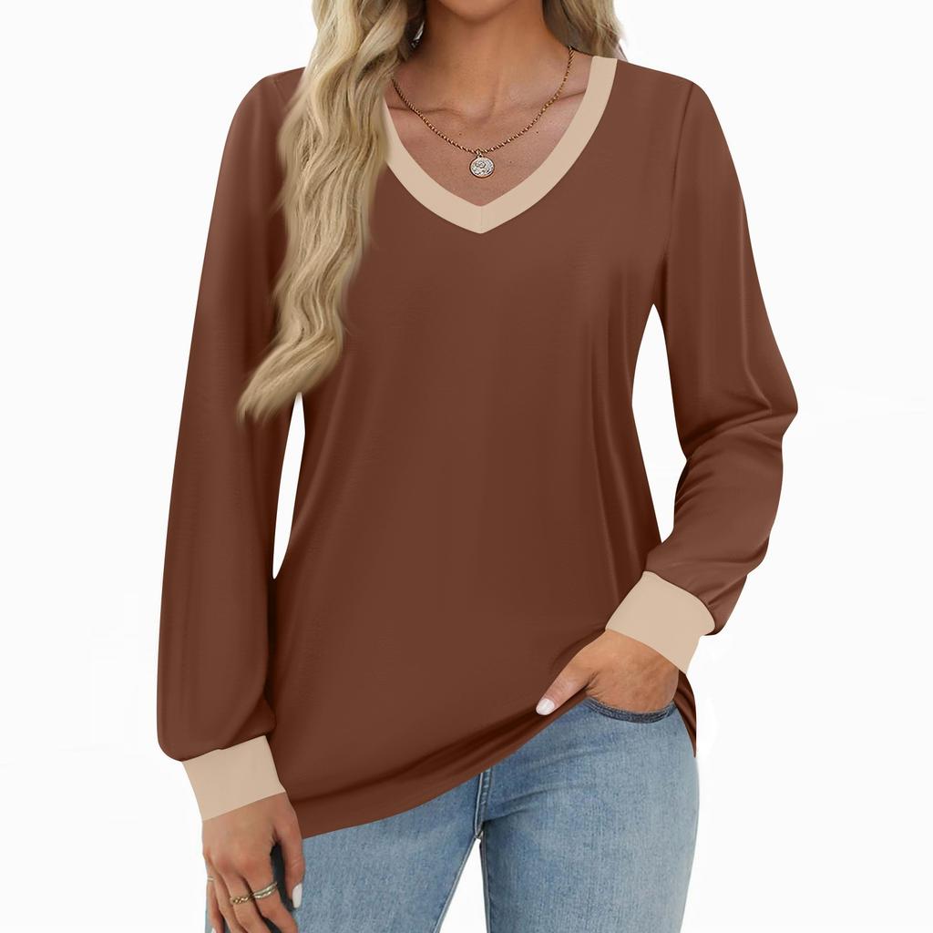 Women's Fashion Casual Long Sleeve Color Block Shirt Women's V-Neck Tops