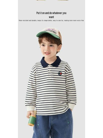 European Boy's Long Sleeve Striped Polo - Spring & Autumn 2026 Trendy Kids Top
