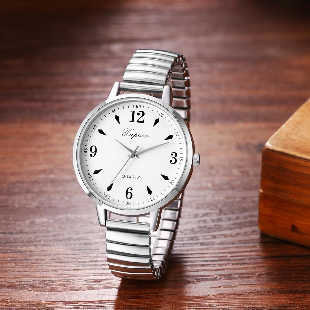 Waterproof Watch with Large Analog Numeric Stretchable Stainless Steel Quartz Fashion Watch Perfect for or as a Gift for Her Women's Display, Silver