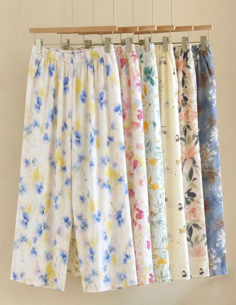 Women's Cotton Silk Cropped Pajama Pants, Summer Thin Loose Pastoral Style, Ditsy Floral, Wear Indoors or Out.
