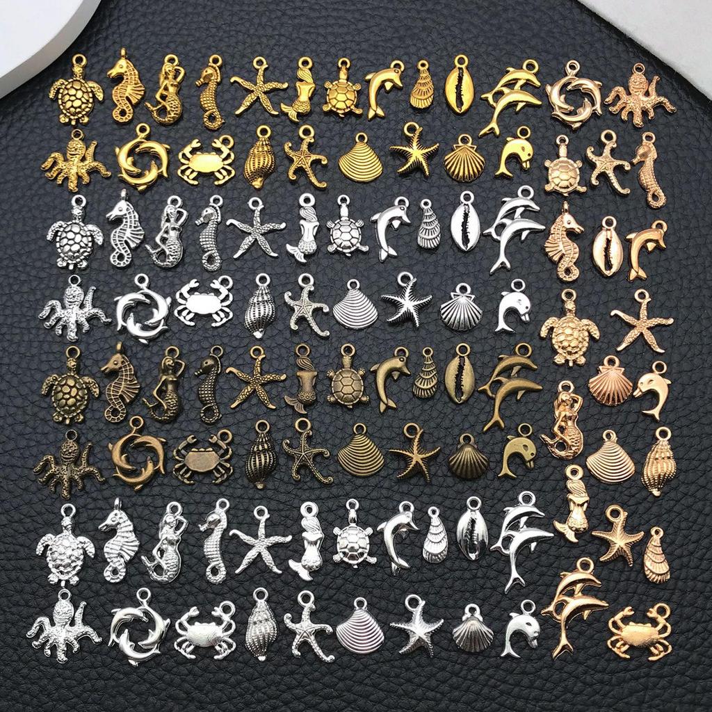 Mix 100-Piece Starfish, Turtle, Seahorse, Dolphin Pendant Set for DIY Jewelry - Bracelets, Necklaces, Earrings