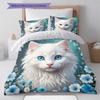 Beautiful White Long‑hair Cat Blue Wildflower Print 3 Pieces Duvet Cover Set Pet Animal Bedding Bedroom Home Decor Without Pillow Core Comforter