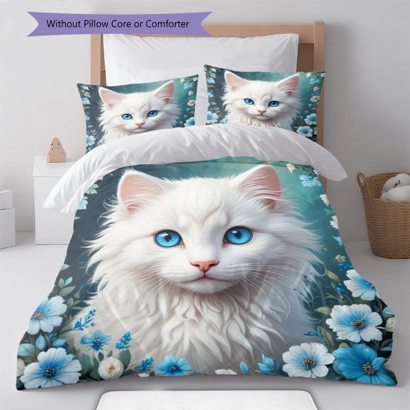 Beautiful White Long‑hair Cat Blue Wildflower Print 3 Pieces Duvet Cover Set Pet Animal Bedding Bedroom Home Decor Without Pillow Core Comforter
