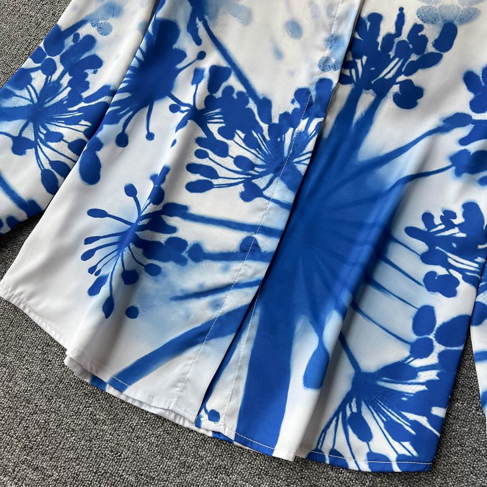 Elegant Temperament Polo Collar Blue Printed Long-Sleeved Shirt Women's High-End Pleated Skirt Fashion Two-Piece Suit