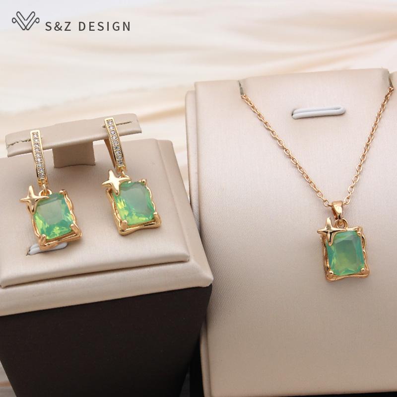 Fashion Rectangle Green Artificial Crystal Pendant Necklace For Women Trendy Elegant Collarbone Chain Jewelry