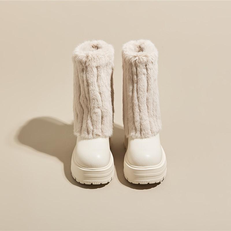 Botas de Tacón Alto para Mujer Plataforma de Lana Botines Medios para Mujer Cuero Genuino Moda Botas de Motero Damas