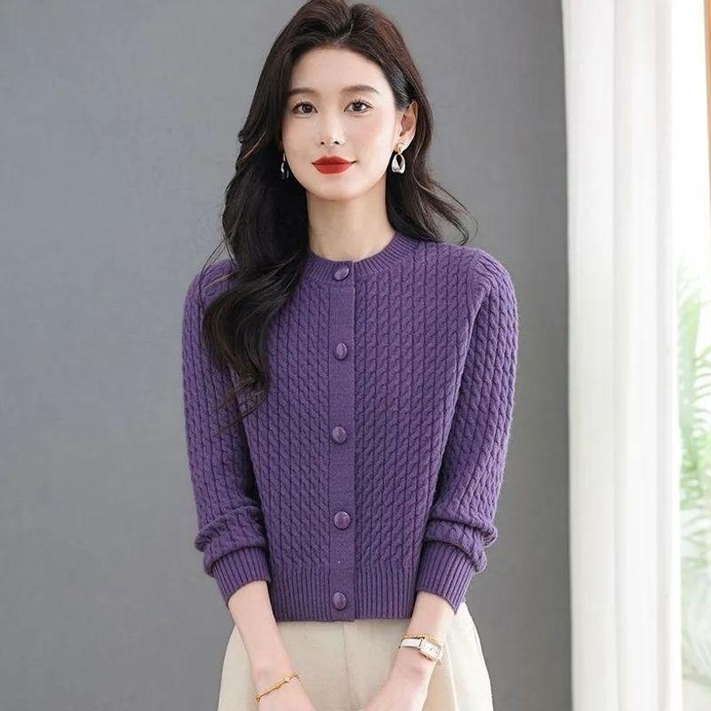 Damen Trendy Rundhals Langarm Strick Cardigan Pullover - Locker & Schlankmachend Petite Oberbekleidung