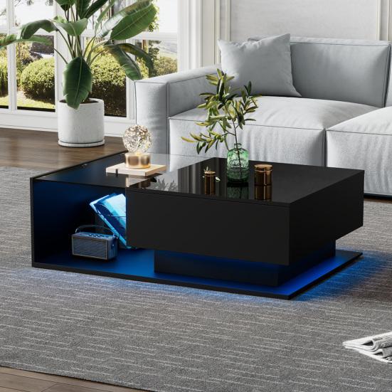 Hochglanz Schwarzer Couchtisch 100x50x32cm, mit Glasplatte und Schubladen, Kratzfest, mit 1 Schublade, LED-Licht, Modern