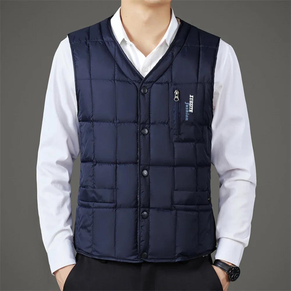 Winter Men's Vest Casual Padded Plush Single-breasted Sleeveless Winter Jacket Fashion V-neck Warm Fishing Vest Clothing