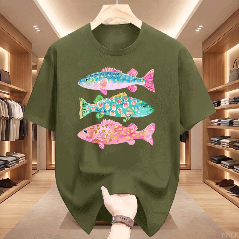 Preppy Fish Tshirt Unisex Summer Coastal Fish Beach Tshirts Causal Round Neck Printed Cotton Short Sleeve T Shirts Unisex Tops