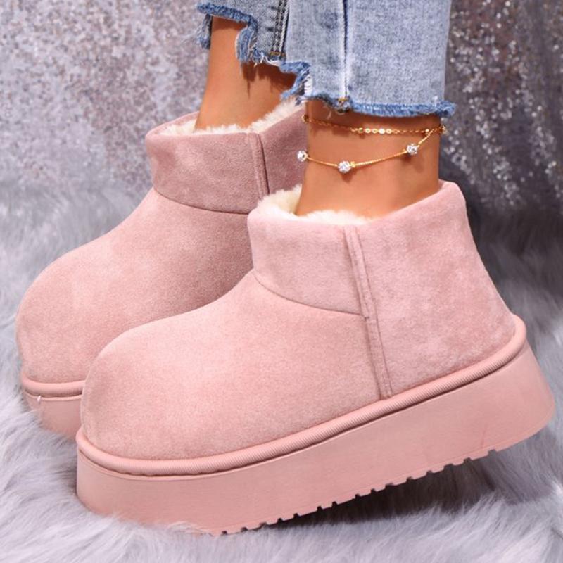 Fashion Sweet Pink Faux Suede Snow Boots Women Winter Warm Short Plush Ankle Boots Woman Korean Non Slip Platform Booties Female