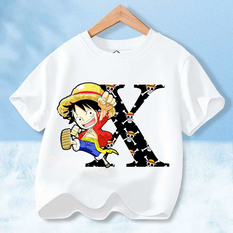 2026 New One Piece Letter A-Z Anime Luffy Gear  Cartoon Graphic Cotton T-shirt for Children Summer Sports Tees Casual Kids Tops