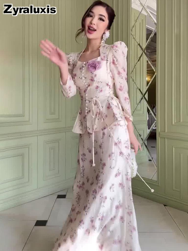 Spring Floral Sweet Elegant Long Sleeve Dress Set
