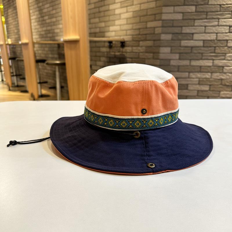 Wide Flat Top Brim Blue Sun Hat For Women Vintage Ethnic Style Color Block