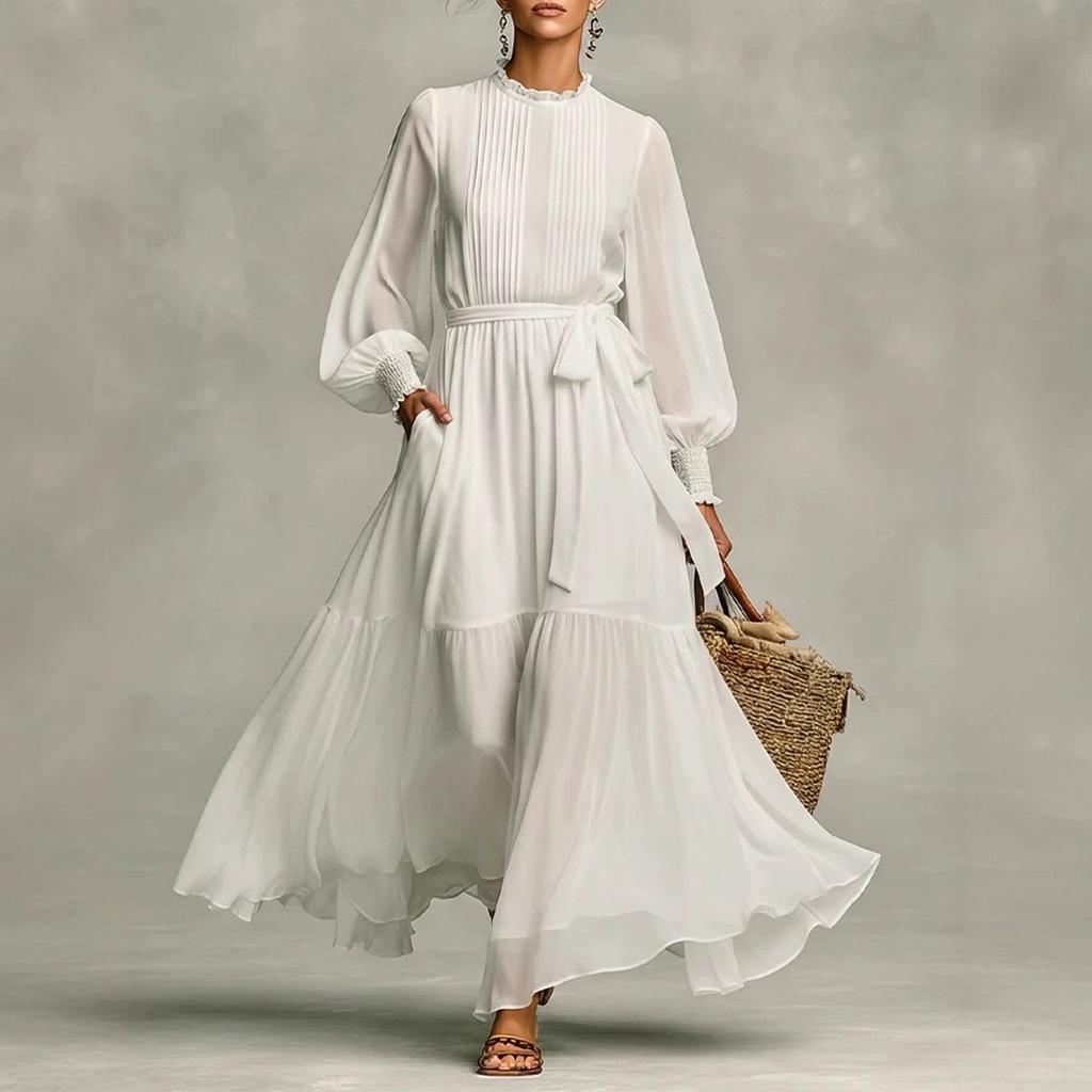 In stock, the new European and American French temperament pleated big pendulum chiffon dress.