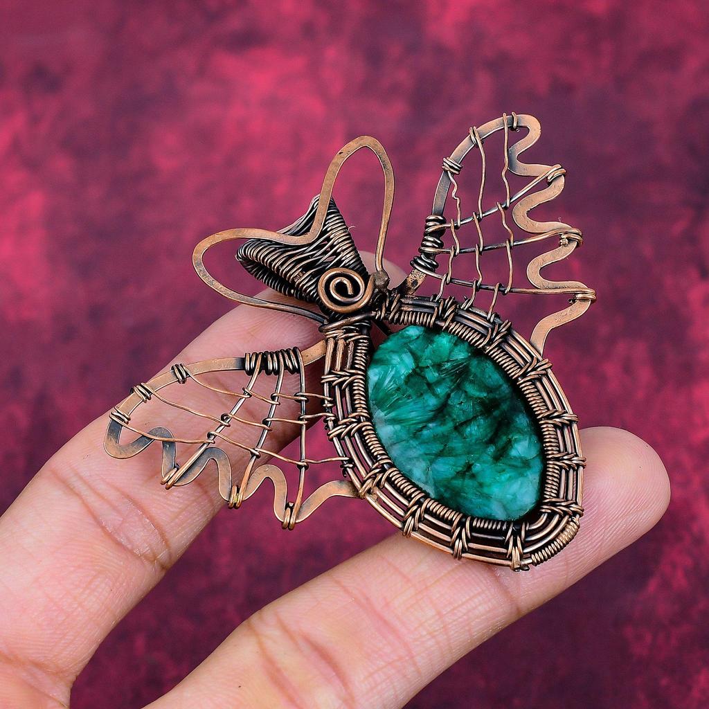 Faceted Zambian Emerald Gemstone Pendant Copper Wire Wrapped Butterfly Pendant