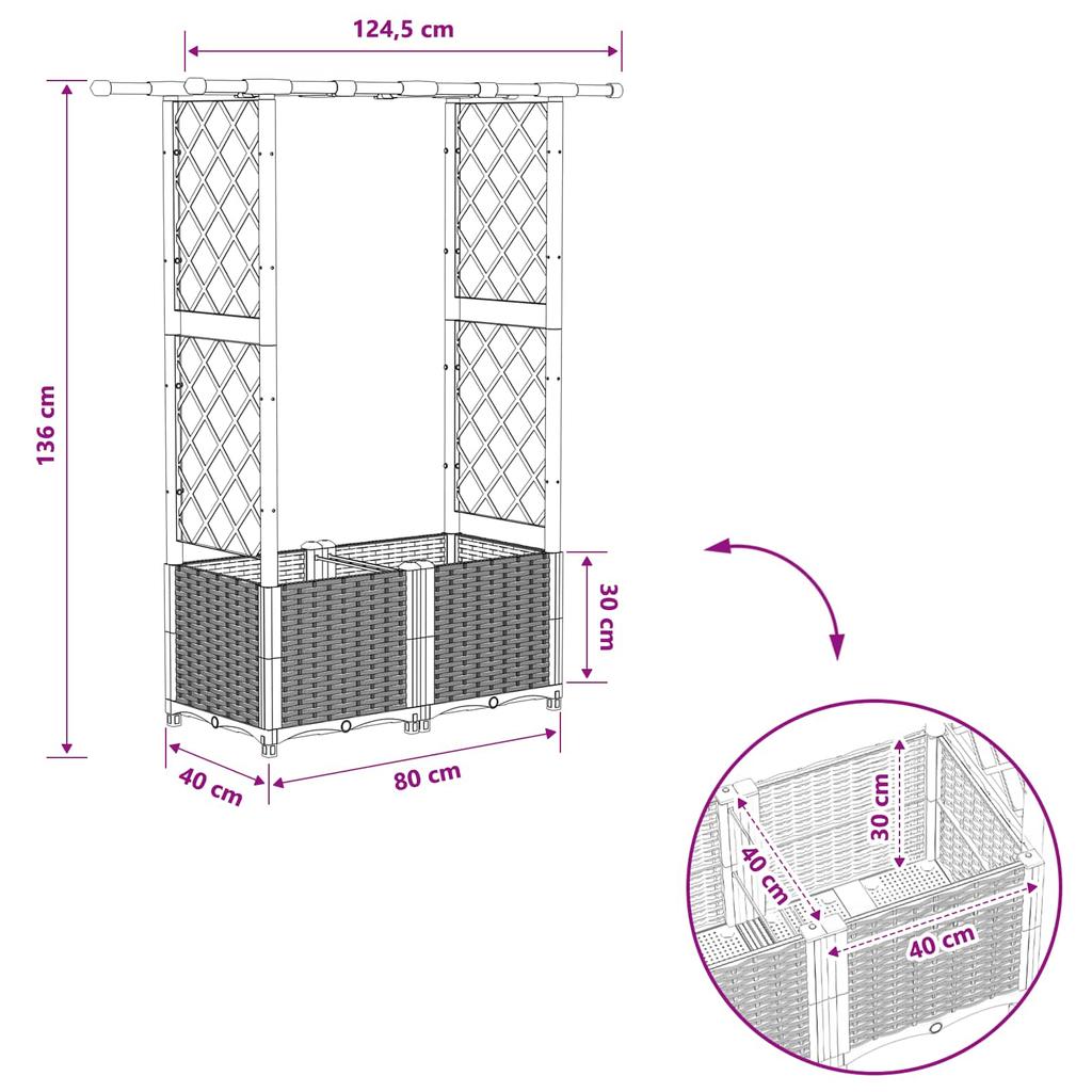 Elevated Planter with Trellis and Hanging Roof Black 124.5 x 40 x 138 cm PP