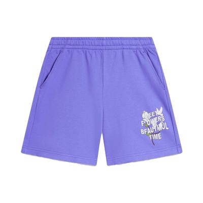Li Ning Sports Fashion Series Elastic Waist Comfortable Letter Print Casual Shorts Women Shorts Long-Spring-Flower-Blue-Purple AKSU628-8