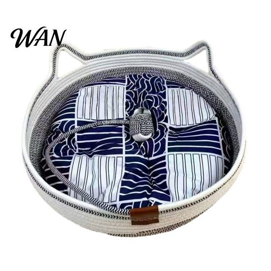 All Season Cat Bed Woven Basket Cotton Rope Handwoven with Ears Soft Sleeping Nest Toy Ball Breathable Pet for Indoor Medium Large Cats Seasons