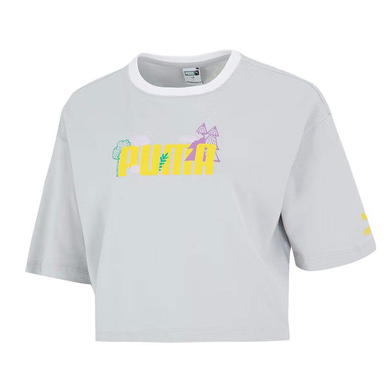 

Puma Однотонная футболка с круглым вырезом и коротким рукавом с принтом мультяшного логотипа, женские топы светло-серого цвета 538772-09 XL