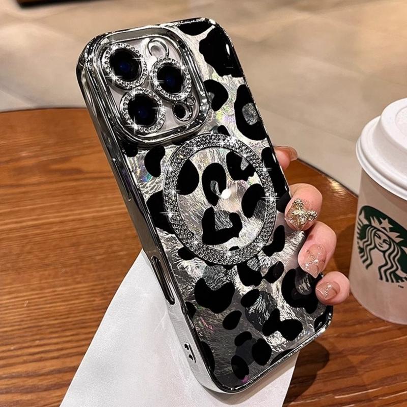 For iPhone 16 Pro Max Luxury Plating Magsafe Magnetic Flash Diamond Leopard Print Phone Case For iPhone 13 14 15 Plus Lens Cover