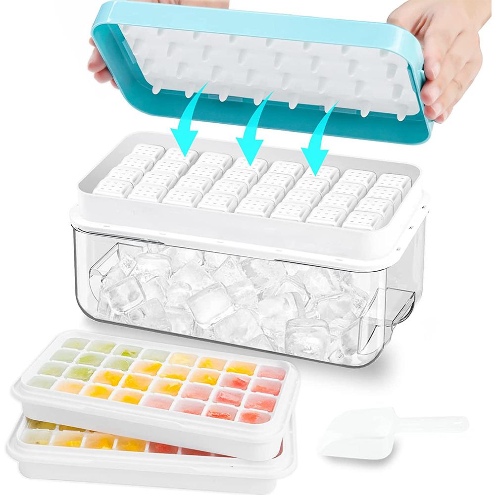 LMETJMA Ice Cube Tray with Stackable 2 Ice Trays Silicone Ice Cube Molds with Storage Bin For Freezer 64 Nuggets JTX478