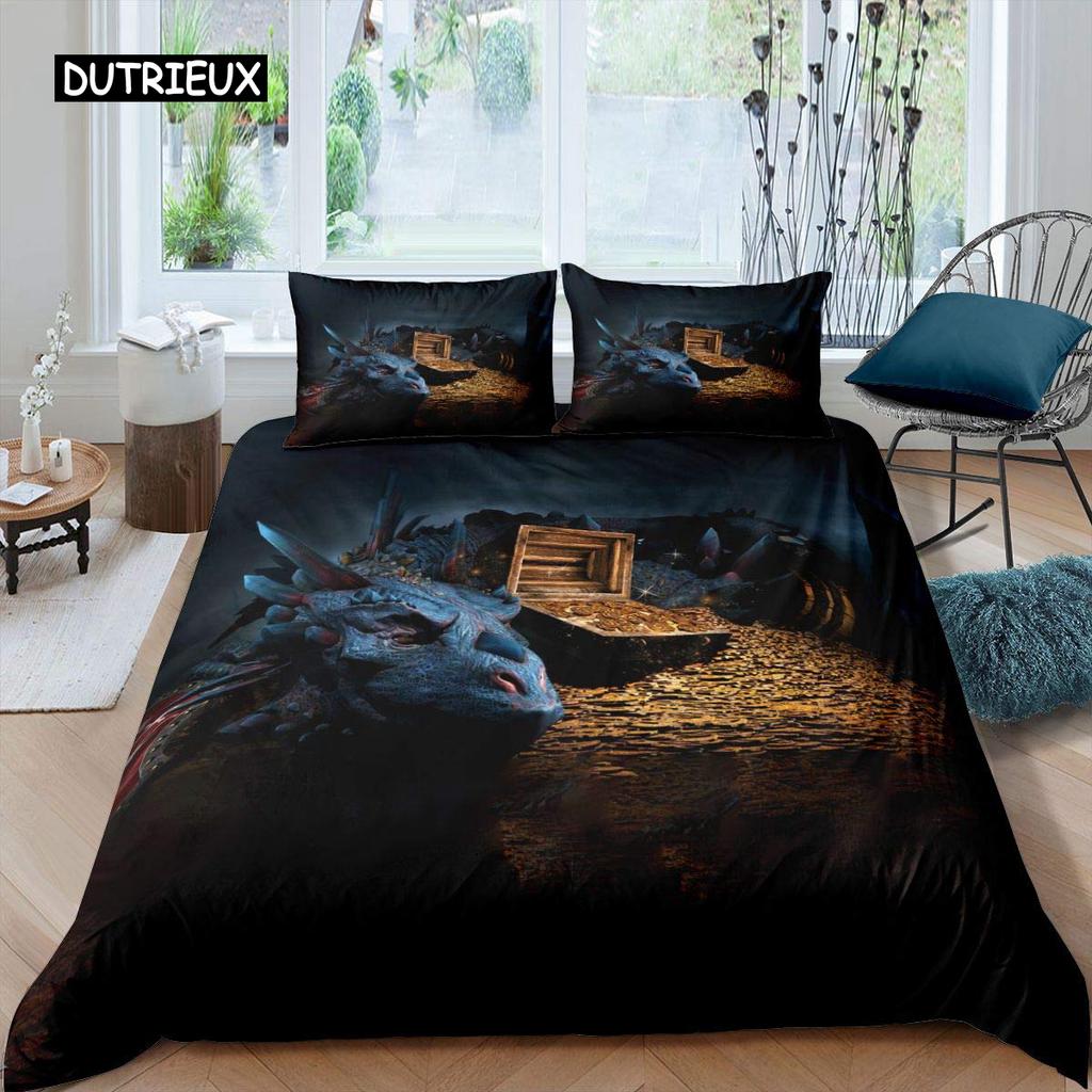Fire Dragon Duvet Cover Set Magical Dinosaur Bedding Set Jungle Animals Pattern Wildlife Style King Size Polyester Quilt Cover
