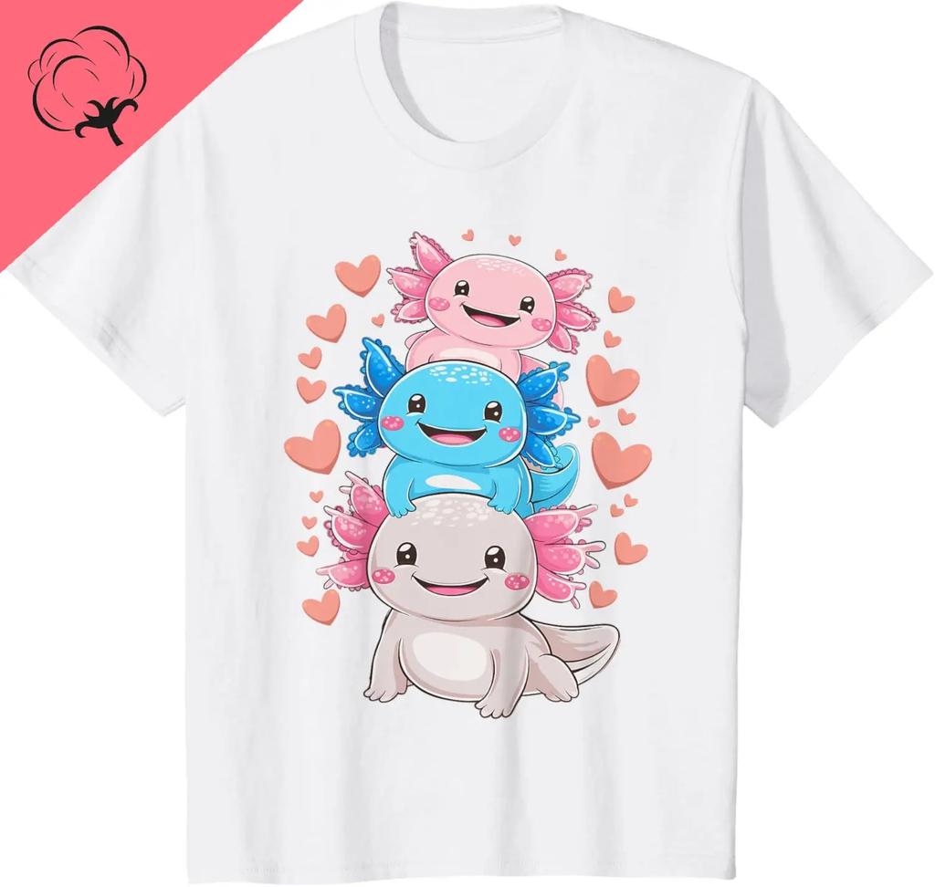 Stacking Cute Kawaii Axolotls Graphic Tee Soft Cotton TShirt for Unisex Trip Apparel