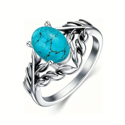 Luxury Vintage Imitation Thai Silver Flower Ring Simple and Creative Branch Cross Turquoise Ring Single Ring
