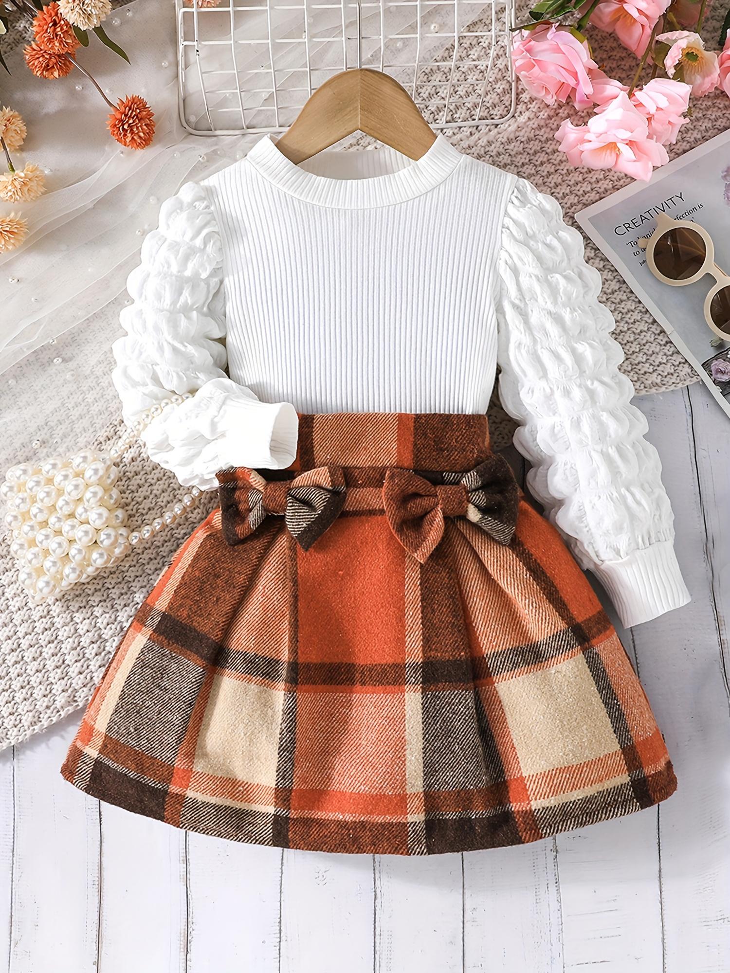 

Девочки Осень 2 предмета Юбка Наряды Длинный рукав-буф А-силуэт Клетчатый комплект юбки 100cm оранжевый