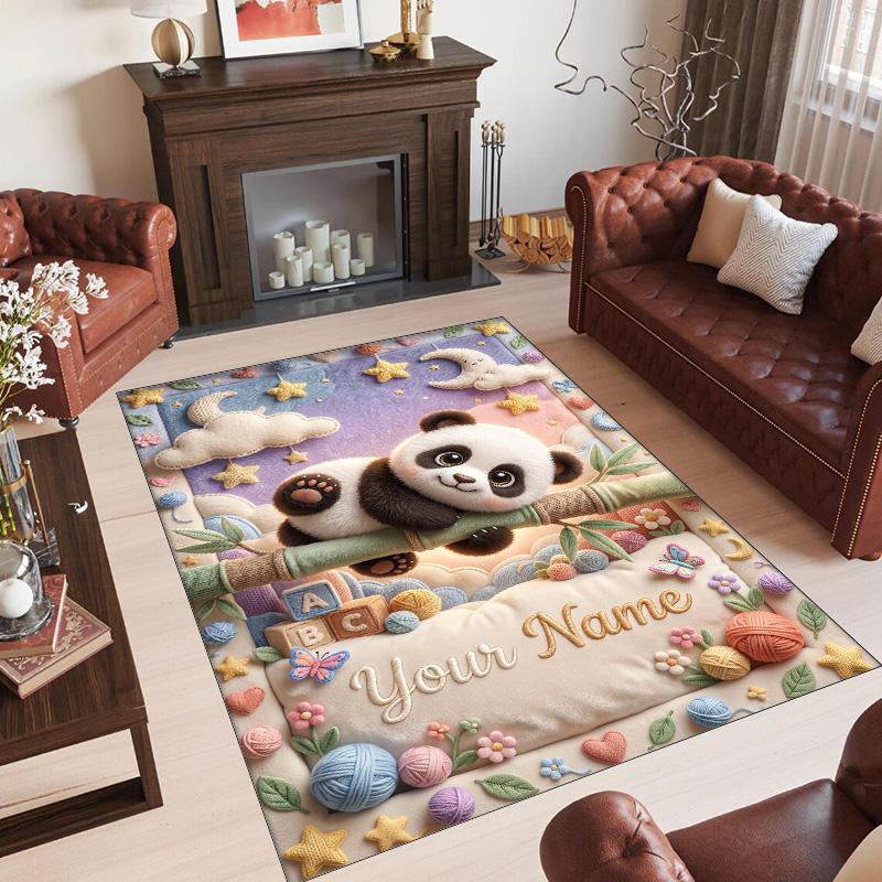 Panda Theme Crystal Velvet Rug Personalized Custom Name Text Soft Floor Mat Home Decor
