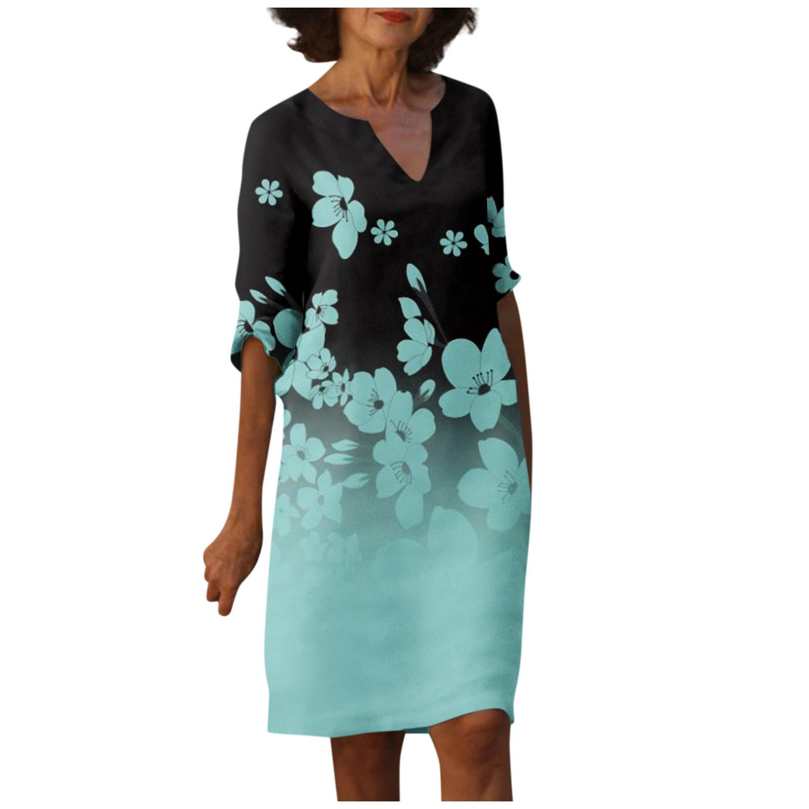 

Женское летнее повседневное винтажное платье с v-образным вырезом и полурукавами с цветочным принтом в виде листьев XL циан
