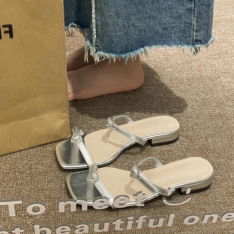 

Summer Silvery Women Slippers Fashion Elegant Narrow Band Open Toe Slides Shoes Ladies Outdoor Dress Thick Heel Sandalias