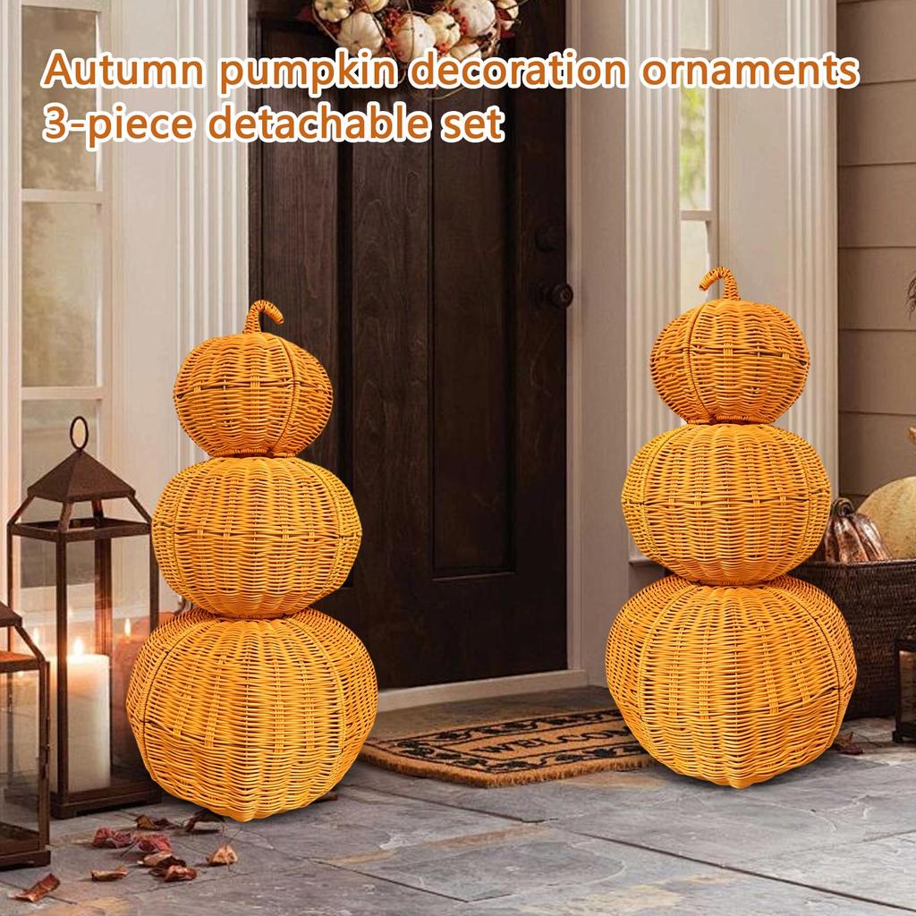 3 Piece Stackable Pumpkin Decoration Set Wicker Material Detachable Design Requires Assembly Fall Seasonal Home Decor with Instruction Manual Included