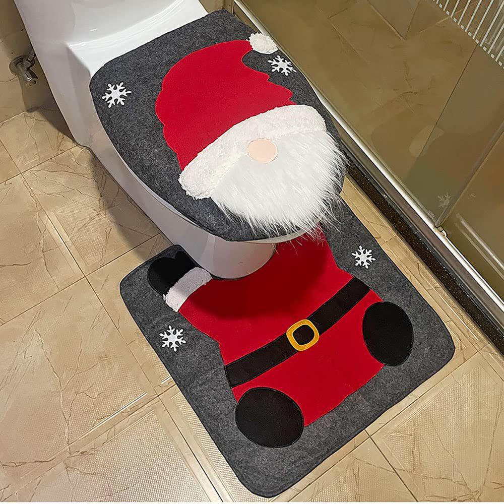 Christmas Gnome No-Face Toilet Seat Cover Set - Two-Piece Holiday Decoration