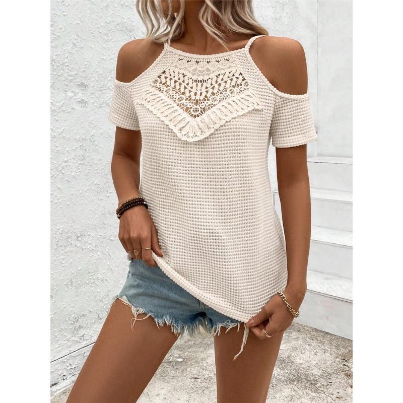 Summer New Women's Lace Splicing Design Knitted Suspender Off-shoulder T-shirt Top