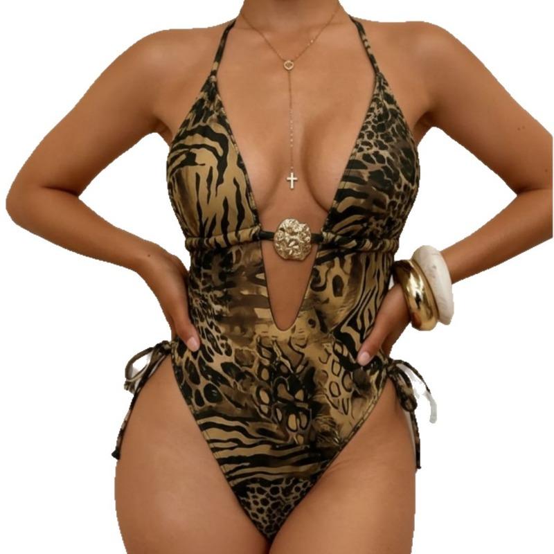 Brilliant European and American Leopard Print One-piece Sexy Neck Backless Bikini Swimsuit TK529