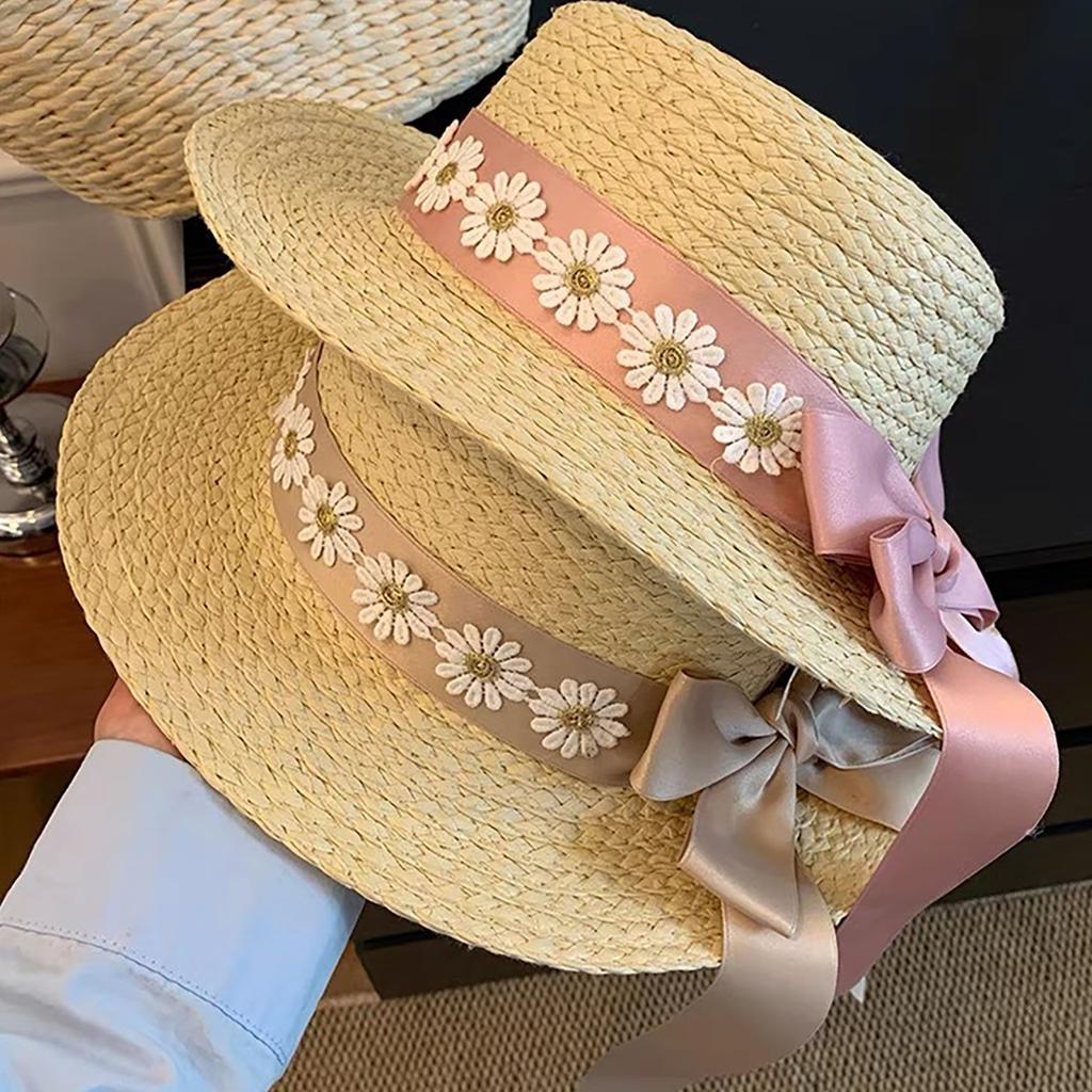 Fashion Flat Top Straw Hat for Women Floral Ribbon Bowknot Summer Large Brim Sunscreen Fisherman Cap Sweet Girls Travel Hat