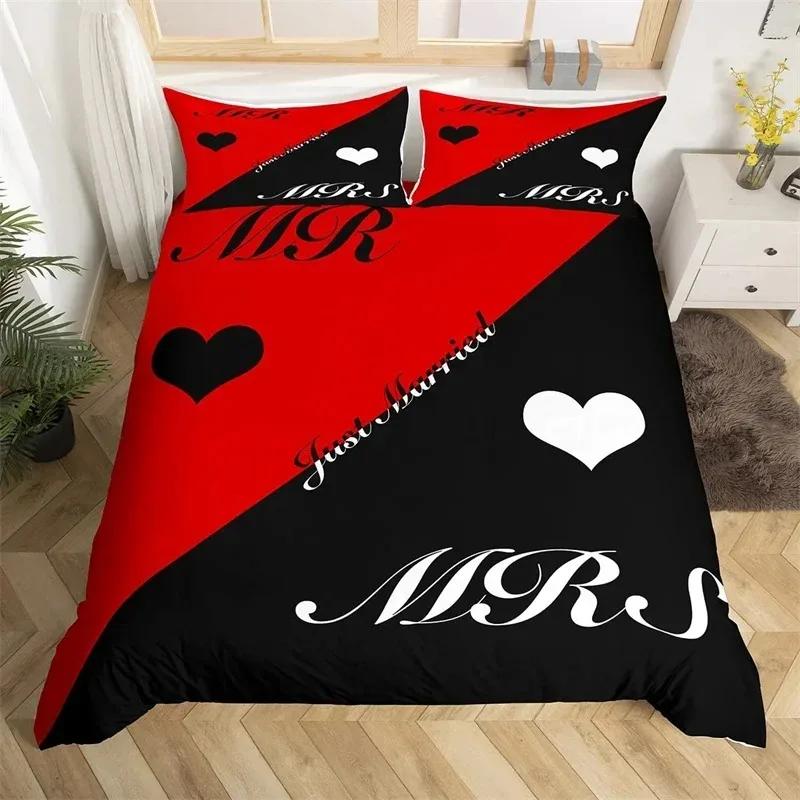 Mr Mrs Bedding Set Microfiber Romantic Wedding Theme Duvet Cover Set King For Valentine Day Funny Quotes Love Heart Quilt Cover