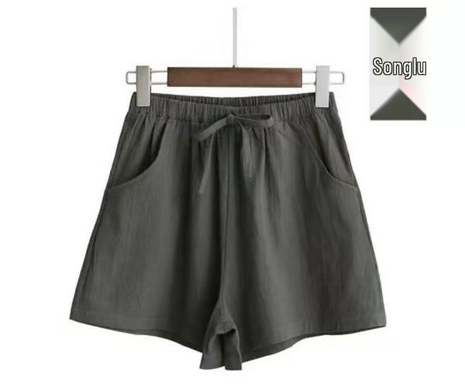 

Женские шорты из хлопка и льна с высокой посадкой: Летние эластичные на талии, свободный повседневный крой, корейский стиль, большие размеры, широкие брюки, облегающие шорты. M оливковое зеленый