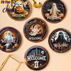Halloween Wooden Coasters 6Pcs/Set Coasters, Retro Pumpkin Ghost Drink Heat Resistant Cup Holders Round Insulation Pads for Dining Table Holiday Decor