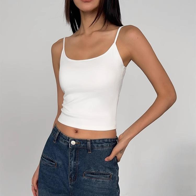 2025 Summer Women Cotton Solid Slim With Chest Pads Crop Tops Female Harajuku Camis Sexy Sleeveless Soft Tank Top Sweet Sling Tops