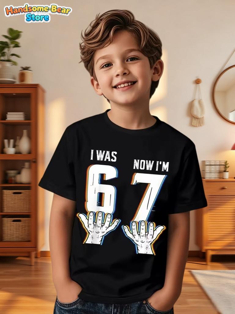 67 Meme T-Shirt for Kids 6-7 Years Old Birthday Party Gifts Summer Short Sleeve Tees Crew Neck Graphic Y2k Children's Clothing