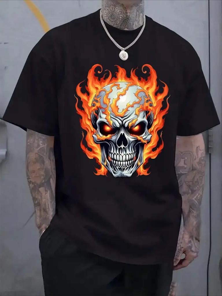 Skull and Flame Print Unisexs Stylish T Shirt Cotton Tee WoUnisex Summer Oversized Loose Funny Novelty Streetwear Harajuku ONeck