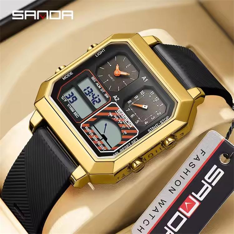 SANDA 6210 Men's Electronic Digital Watch Square Multifunctional Temperature Date TPU Strap Display Wrist Watches