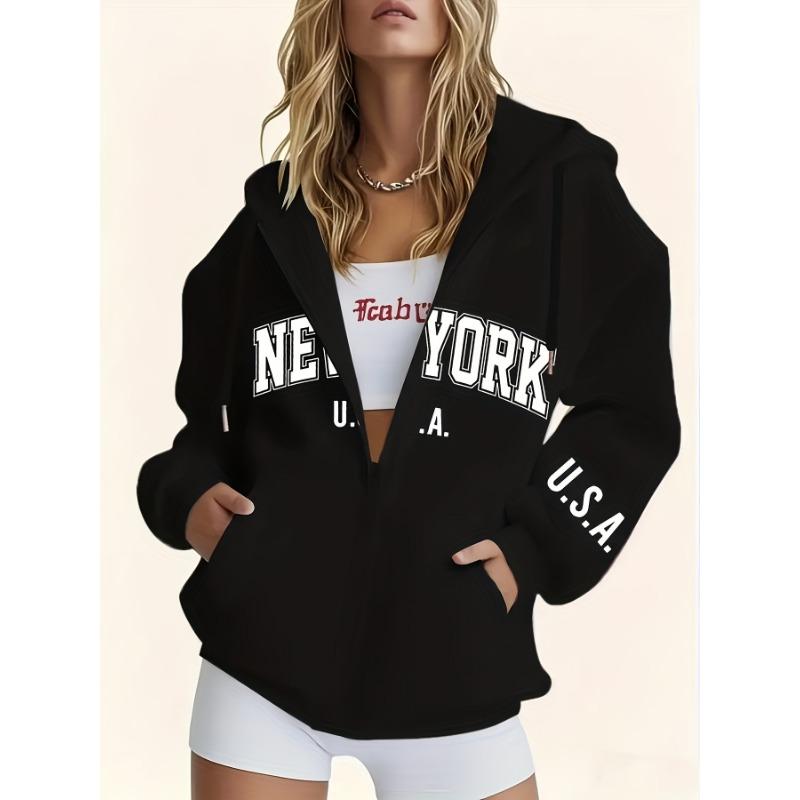 Ladies Casual Zipper Hoodie, Letter Printed Sweatshirt S